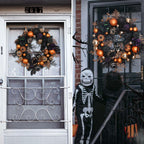 Valery Madelyn 18 Inch Halloween Wreath with Lights for Front Door, Collapsible Pre-Lit Wreath with Fake Crow Pumpkin Halloween Decorations for Home Wall Decor