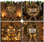 Lighted Christmas Artificial Cedar Wreath for Front Door with Hanger Christmas Wreaths Faux Norfolk with Velvet Bow LED Lights Jingle Bells Pinecone Berries Indoor Window Xmas Holiday Decor(Gold)