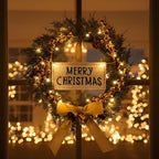 Lighted Christmas Artificial Cedar Wreath for Front Door with Hanger Christmas Wreaths Faux Norfolk with Velvet Bow LED Lights Jingle Bells Pinecone Berries Indoor Window Xmas Holiday Decor(Gold)