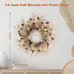 Fall Wreath for Front Door 24 Inch Fall Door Wreaths, Large Autumn Wreath with Berry Pinecones and Raffia, Grapevine Decor for Door Wall Window Home and Halloween Christmas Thanksgiving Decoration