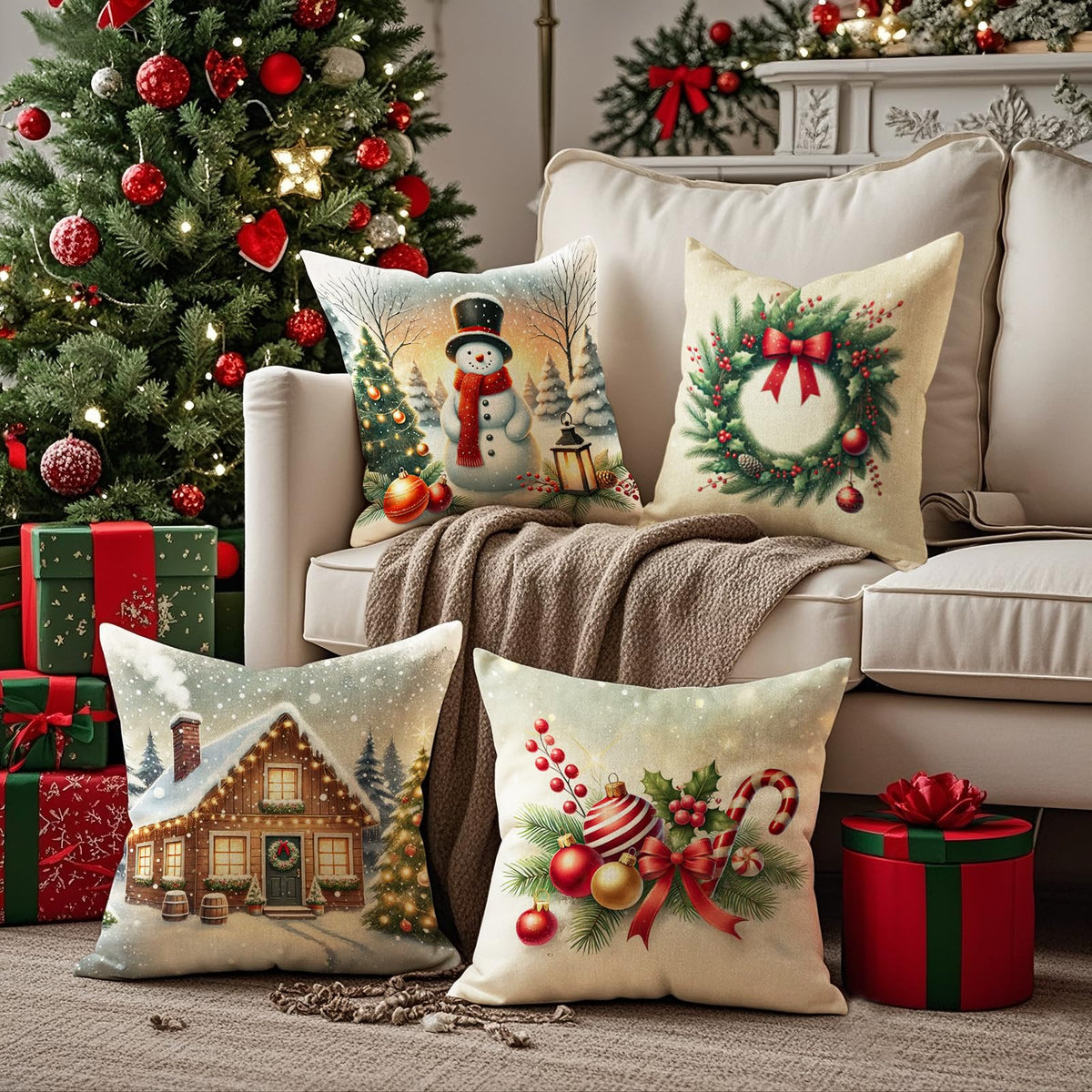 HDVUHKI Christmas Pillow Covers 18x18 inch Set of 4, Holiday Winter Outdoor Vintage Tree Snowflake Xmas Snowman Neutral Farmhouse Gold Seasonal Burlap Decorations for Sofa Couch