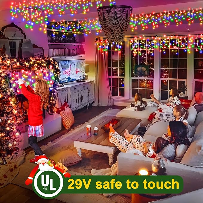 SAUIRS 100FT 960 LED Christmas Lights Outdoor Decorations with 180 Drops Timer 8Mode Curtaing String Lights Waterproof Plug in Fairy Lights for Indoor,Xmas,Party,Patio,Window,Trees Decor(Multicolor)