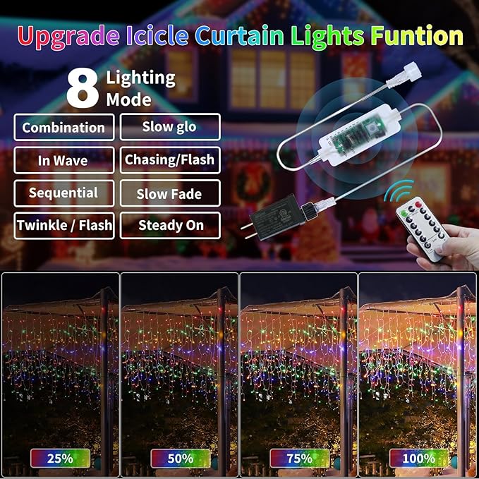 600 LED Christmas Icicle Lights Plug-in, 59ft + 16ft Multi Color Hang Icicle String Lights with Remote, 8 Modes Colorful Twinkle Icicle Fairy Lights Waterproof for Outside Eave Window Outdoor Decor