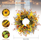 Fall Wreaths for Front Door 20 Inch Rustic Artificial Wreath Sunflower Maple Leaf Rice Ears Autumn Decoration for Halloween Thanksgiving Christmas