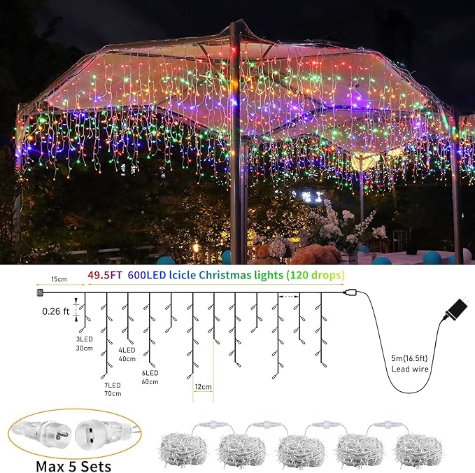 600 LED Christmas Icicle Lights Plug-in, 59ft + 16ft Multi Color Hang Icicle String Lights with Remote, 8 Modes Colorful Twinkle Icicle Fairy Lights Waterproof for Outside Eave Window Outdoor Decor