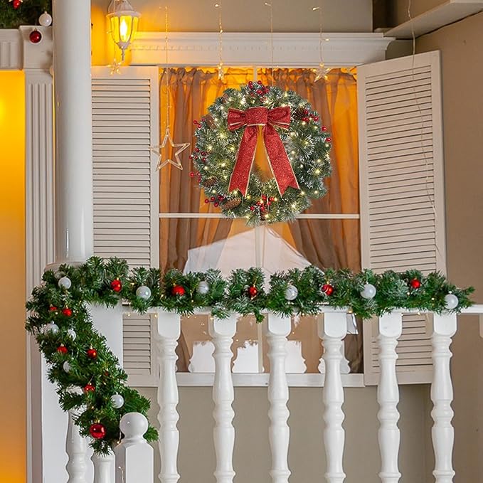 DiliComing 16-Inch Pre-Lit Winter Wreath - Large Christmas Door Wreath, Front Door & Window Decorations