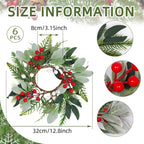 6 Pcs 9'' Mini Christmas Hanging Wreaths Artificial Norfolk Pine Red Berries and Lambs Ear Leaves Small Candle Ring Wreaths for Kitchen Cabinet Farmhouse Front Door Window Xmas (Excluding Ribbons)