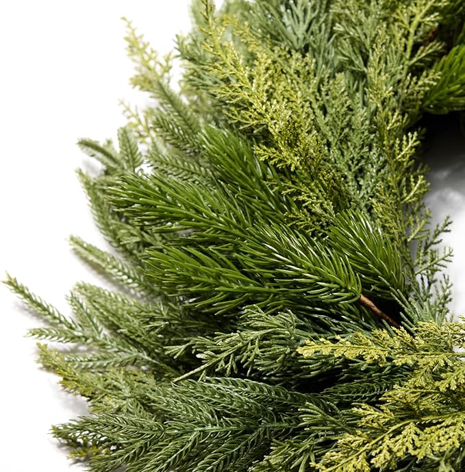 Somikis 24 Inch Christmas Wreaths for Front Door, Real Touch Norfolk Pine & Cedar Wreath for Winter Indoor & Outdoor Porch Windows Wall, Realistic Artificial Wreath Home Decor