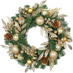 24 inch Christmas Door Wreath, Pine Wreaths for Front Door with Golden Ball Glittered Leaf Spray Stems Pinecones Berries for Fireplace Xmas Decorations, Wall Window Indoor Outdoor Decor