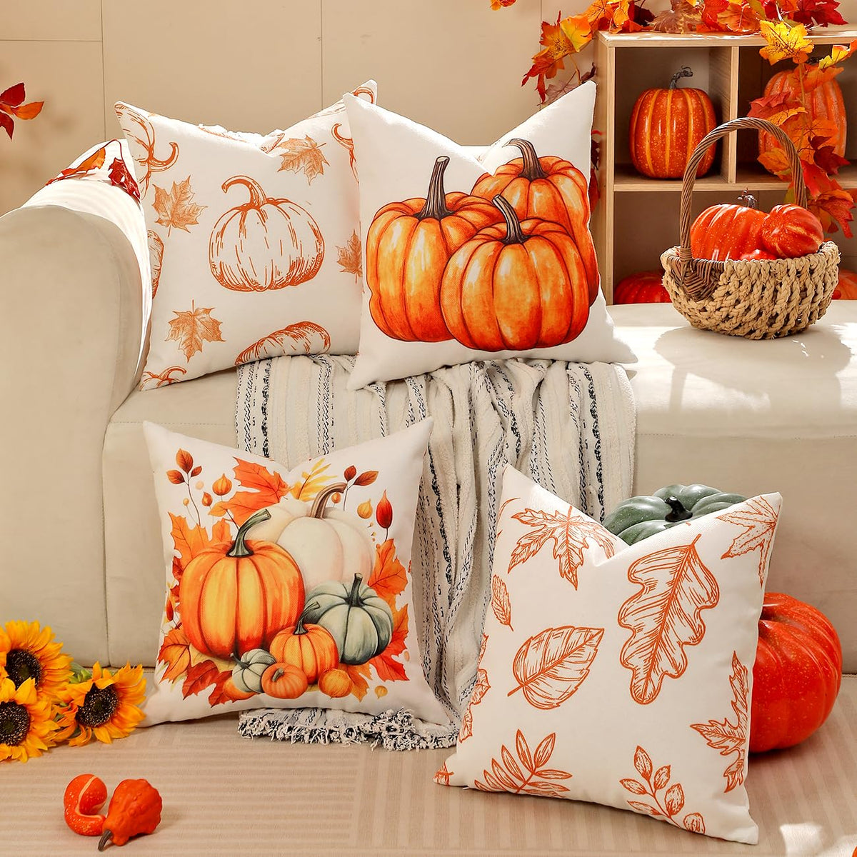 TOYPOPOR Fall Decorations for Home, 4 Packs Double Sided Throw Pillow Covers, Buffalo Plaid Thanksgiving Front Porch Farmhouse Cushion Cases Indoor Outdoor Autumn Decor for Couch, Living Room 20x20