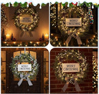 Lighted Christmas Artificial Cedar Wreath for Front Door with Hanger Christmas Wreaths Faux Norfolk with Velvet Bow LED Lights Jingle Bells Pinecone Berries Indoor Window Xmas Holiday Decor(Silver)