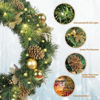 Solar Christmas Wreath 24 Inch Pre-Lit Solar 50 Led Artificial Wreath for Front Door Window Home Decor Decorated with Golden Pine Cones Christmas Balls Glitter Pine Branches (2402)