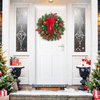 Christmas Wreath for Front Door, 22 Inch Large Outdoor Christmas Wreath, Lighted Xmas Wreath with Red Green Ball Ornaments Velvet Bow and 30 LED Lights for Fireplace Window Holiday Decor