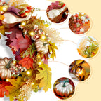 Fall Wreaths for Front Door,Sunflower Autumn Wreath with Lights,Pumpkins and Bows,for Thanksgiving Halloween Farmhouse Indoor Outdoor Outside (Golden Pumpkin)