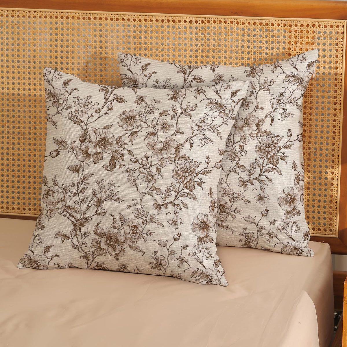 GOLIANDA Brown Pillow Covers 18x18 Set of 2 Brown and Cream Floral Chinoiserie Throw Pillows Vintage Rustic Toile Flower Decorative Pillow Cases Outdoor Chinoiserie Decor Cushion Case for Couch Sofa