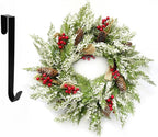Artificial Christmas Wreath with Hanger for Front Door with Pine Cone, Red Berries, Burlap Ribbon & Snowflake, Indoor Outdoor Holiday Wall Windows Wreath Flocked with Mixed Decorations 23inch