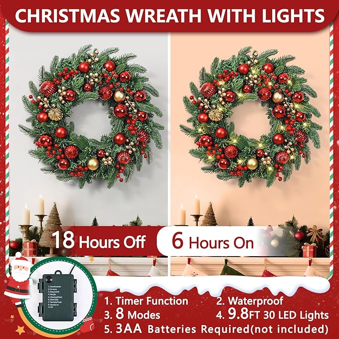 Christmas Wreath with Lights, 20 Inch Christmas Wreaths for Front Door, Large Winter Door Wreath with Ball Ornaments, Berries and Norfolk Pines, Xmas Decor for Indoor Outdoor Wall Windows