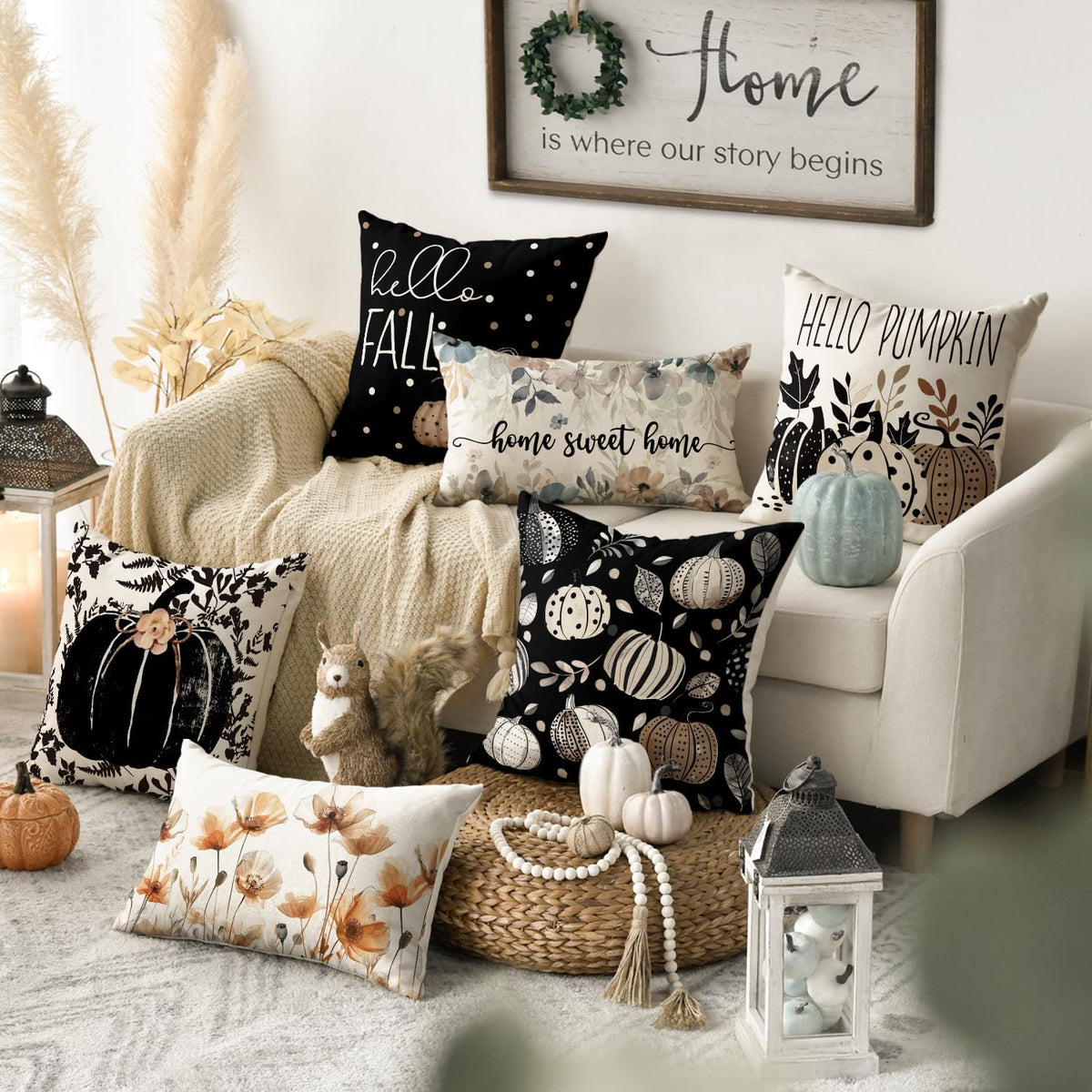 AVOIN colorlife Fall Hello Pumpkin Leaves Throw Pillow Covers, 20 x 20 Inch Autumn Thanksgiving Harvest Polka Dot Black Decorations for Sofa Couch Set of 4