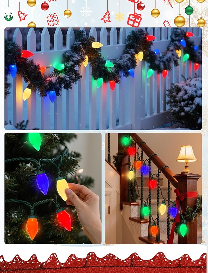 LED Christmas Lights Outdoor, 26FT 50 Count Multicolor C9 String Lights, Energy-Saving Vintage Christmas Lights, Connectable Plug-in Outside Colored Christmas Tree Lights for House Decorations