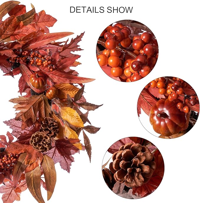 DN DECONATION 24 Inch Fall Wreaths for Front Door, Autumn Farmhouse Wreaths with Orange Pumpkins, Leaves, Pinecones & Berries for Indoor Outdoor Porch Home Wall Thanksgiving Harvest Festival Decor