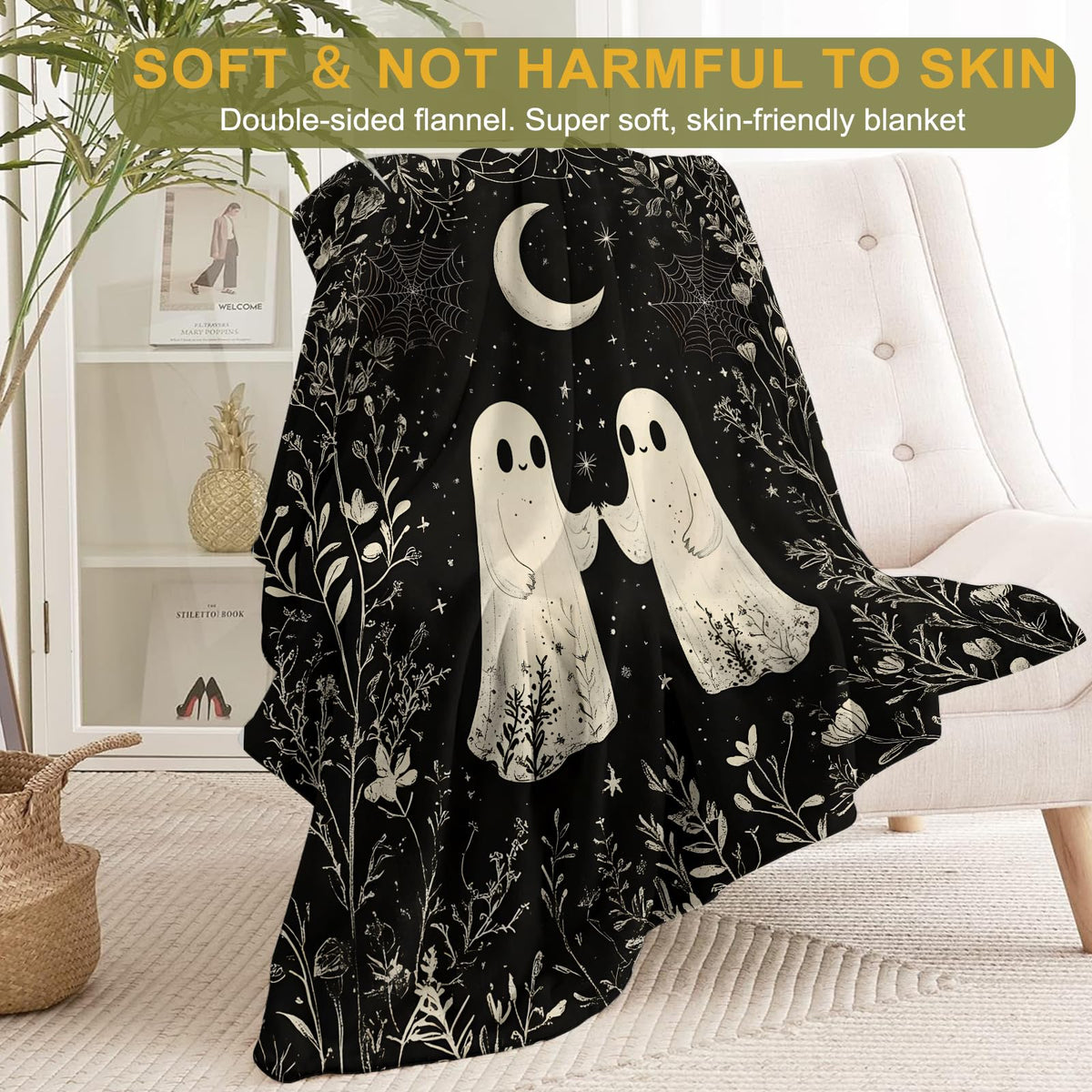 ainori Ghost Flannel Blanket - Lightweight Soft Cozy Gifts Blankets for Halloween Lovers, Kids,Adult,Women,Vintage Spooky Night Moon Art Style Throw,Home Room Modern Whimsical Decor 50x60in