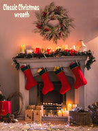 Artificial Christmas Wreath with Hanger for Front Door with Pine Cone, Red Berries, Burlap Ribbon & Snowflake, Indoor Outdoor Holiday Wall Windows Wreath Flocked with Mixed Decorations 23inch