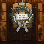 Lighted Christmas Artificial Cedar Wreath for Front Door with Hanger Christmas Wreaths Faux Norfolk with Velvet Bow LED Lights Jingle Bells Pinecone Berries Indoor Window Xmas Holiday Decor(Silver)