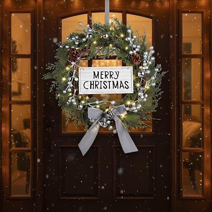 Lighted Christmas Artificial Cedar Wreath for Front Door with Hanger Christmas Wreaths Faux Norfolk with Velvet Bow LED Lights Jingle Bells Pinecone Berries Indoor Window Xmas Holiday Decor(Silver)