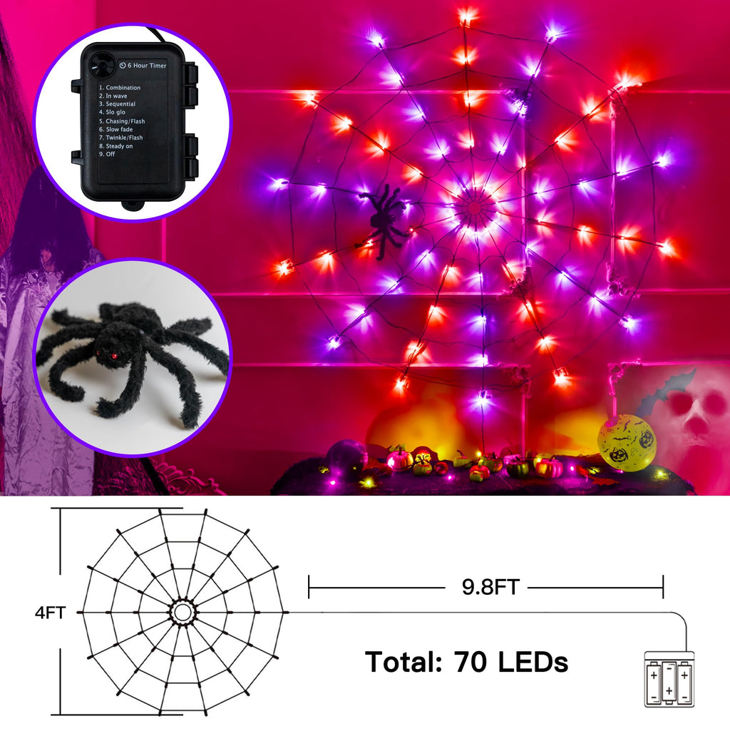 Ollny Spider Web Decoration 4FT 70 LED, Orange and Purple Halloween Lights with Black Spider Battery Powered 8 Modes Timer, Waterproof Cobweb String Light for Outdoor Indoor House Yard Party