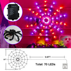 Ollny Spider Web Decoration 4FT 70 LED, Orange and Purple Halloween Lights with Black Spider Battery Powered 8 Modes Timer, Waterproof Cobweb String Light for Outdoor Indoor House Yard Party