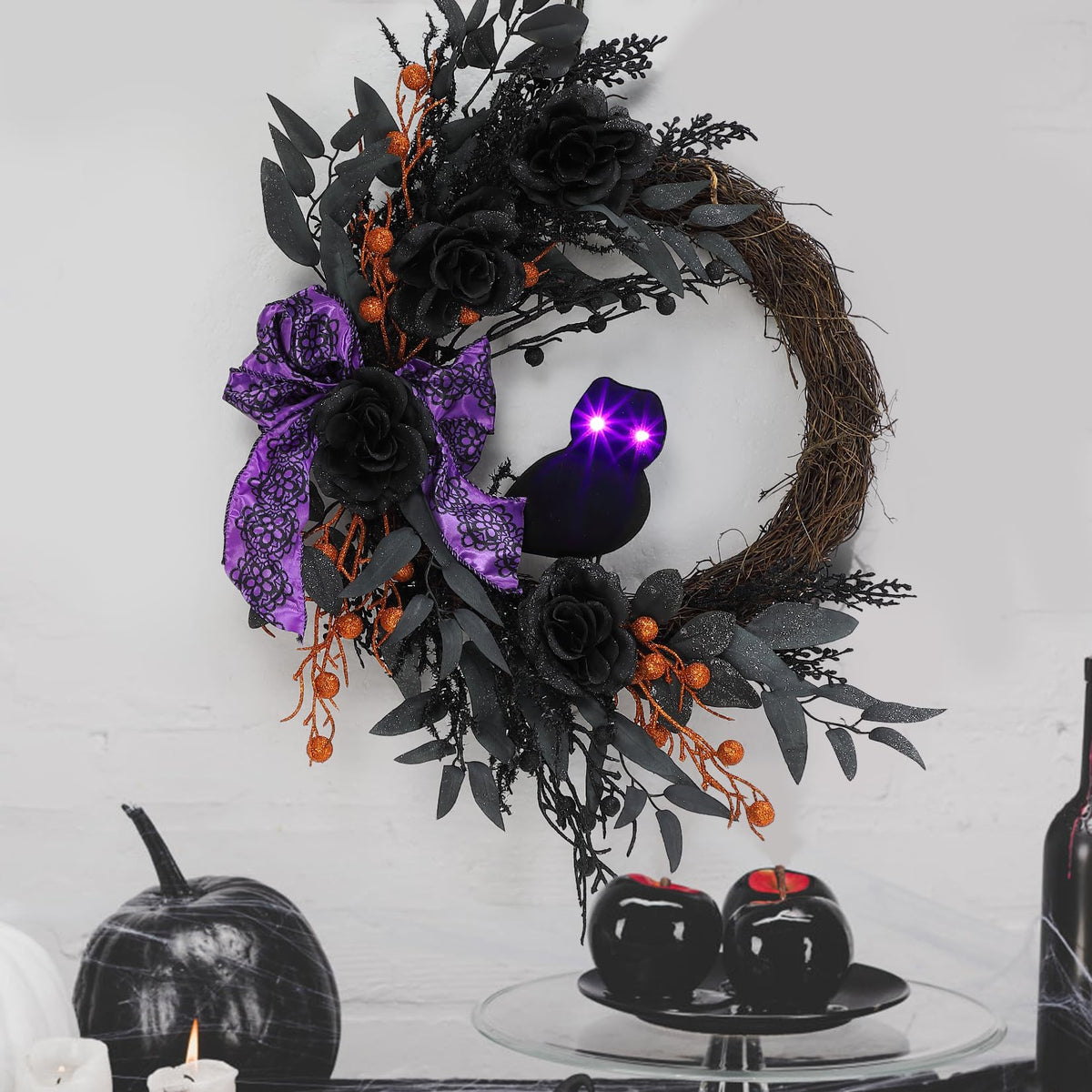 Garvee Halloween Door Wreath, 22 Inch Prelit Halloween Owl Wreaths for Front Door with Black Willow Leaves, Artificial Roses, Purple Bow for Indoor Outdoor Wall Porch Decor