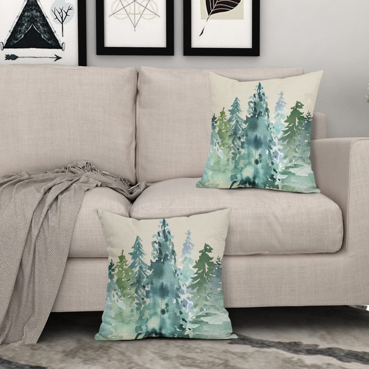 Winter Christmas Tree Pillow Covers 18x18 Set of 2 Blue Green Nature Forest Rustic Watercolor Style Print Decorative Throw Pillows Outdoor Square Linen Cushion Case Decor for Home Sofa Couch Bed