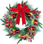 YULETIME 20" Pre-Lit Christmas Wreath, Battery Operated with 10 Fairy Lights Holiday Wreath, Red Bowknot & Baubles, Pine Cones, Red Berries, Green Leaves Holly, Spruce Branches, Pine Needles