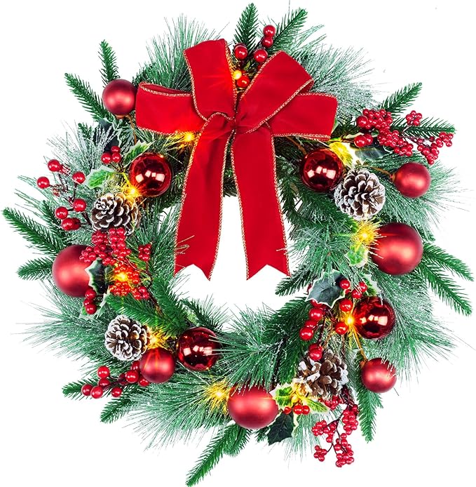 YULETIME 20" Pre-Lit Christmas Wreath, Battery Operated with 10 Fairy Lights Holiday Wreath, Red Bowknot & Baubles, Pine Cones, Red Berries, Green Leaves Holly, Spruce Branches, Pine Needles