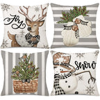 Coeufuedy Christmas Stripe Pillow Covers 18x18 Inch Set of 4 Snowman Reindeer Gloves Eucalyptus Winter Holiday Decorative Farmhouse Cushion Covers for Sofa Couch Living Room