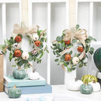 Syhood 2 Pcs 9" Mini Fall Wreath Small Pumpkin Cabinet Wreath Autumn Eucalyptus Decor with Rustic Bow for Fall Harvest Thanksgiving Porch Wall Window Decor(Eucalyptus Pumpkin Style)