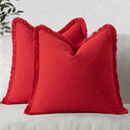 MIULEE Christmas Decorative Throw Pillow Covers Neutral Linen Fringe Throw Pillows Set of 2 Red Boho Farmhouse Cushion Covers with Tassels for Couch Sofa Bed Living Room Spring Home Decor 18x18 Inch