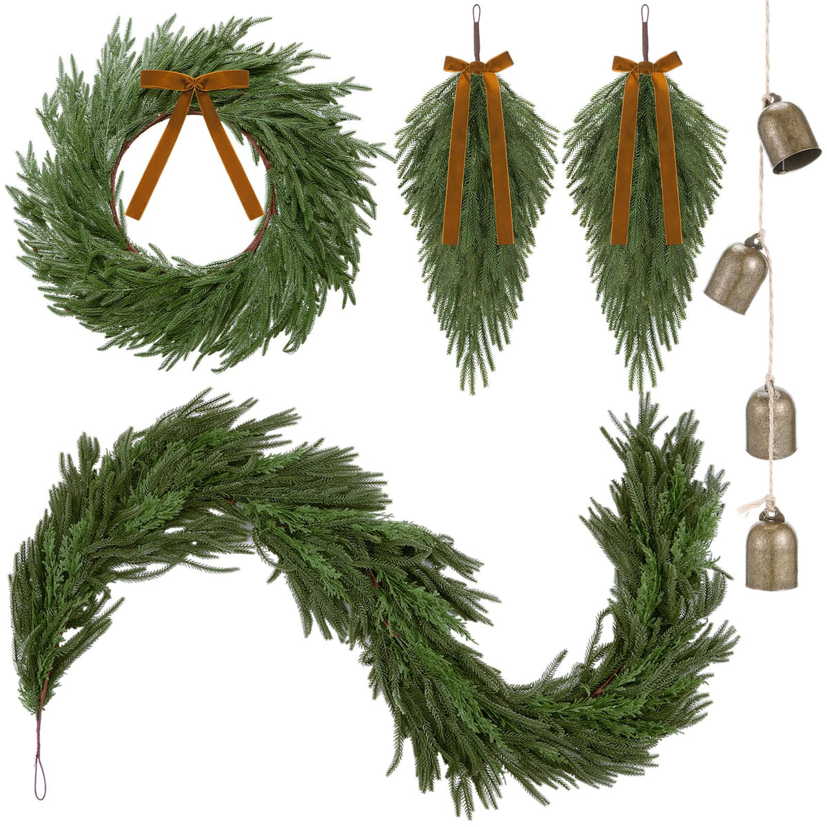 Syhood Christmas Norfolk Pine Garland with 24" Wreath 2 Real to Touch Teardrop Swags and Gold Metal Bells Set, Soft Realistic Artificial and Cedar Greenery for Indoor Outdoor Holiday Decor(Khaki,6ft)