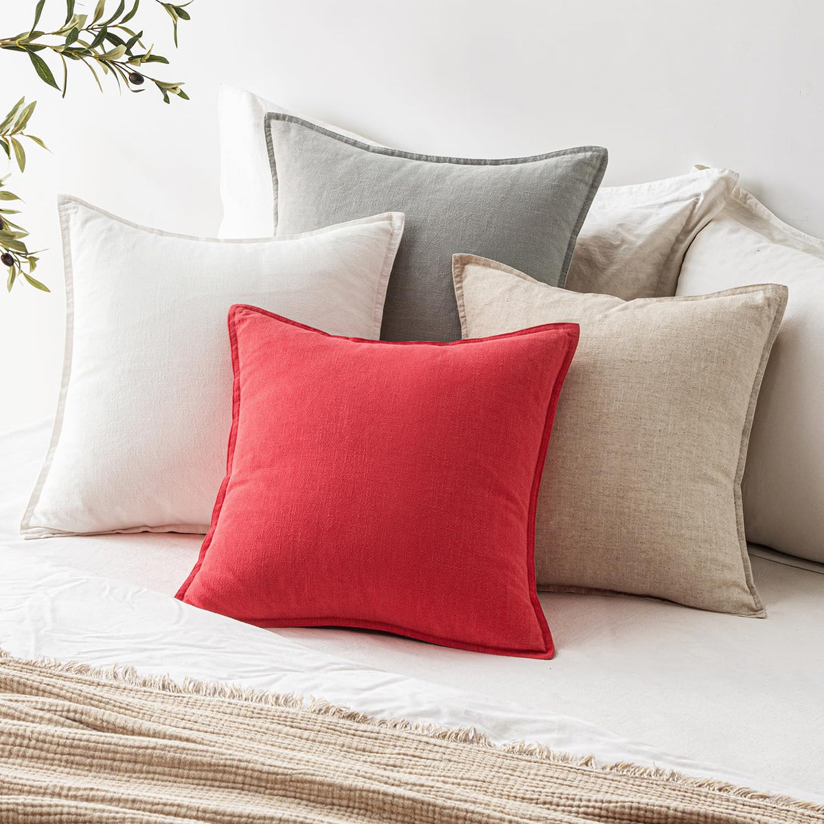EMEMA Christmas Throw Pillow Covers Decorative Linen Pillow Covers 24x24 Inch Red Boho Farmhouse Neutral Couch Throw Pillows for Bed Pack of 2 Accent Pillowcase Modern Sofa Cushion Livingroom Home