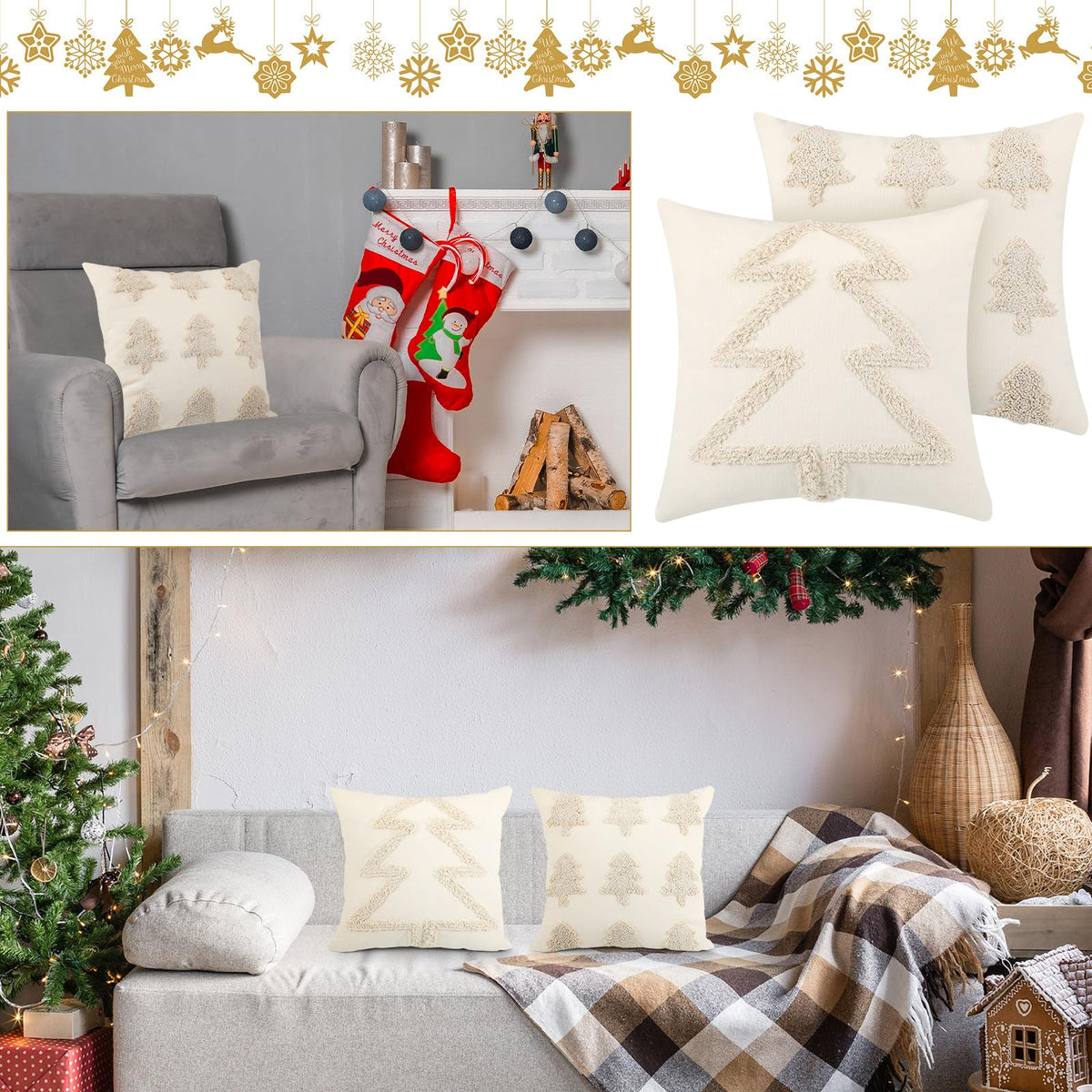 Beeveer 2 Pcs Beige Christmas Pillow Covers 18 x 18 Inch Decorative Boho Farmhouse Pillowcase White Tufted Tree Christmas Pillow Cases for Couch Sofa Holiday Bedroom Living Room Home Present
