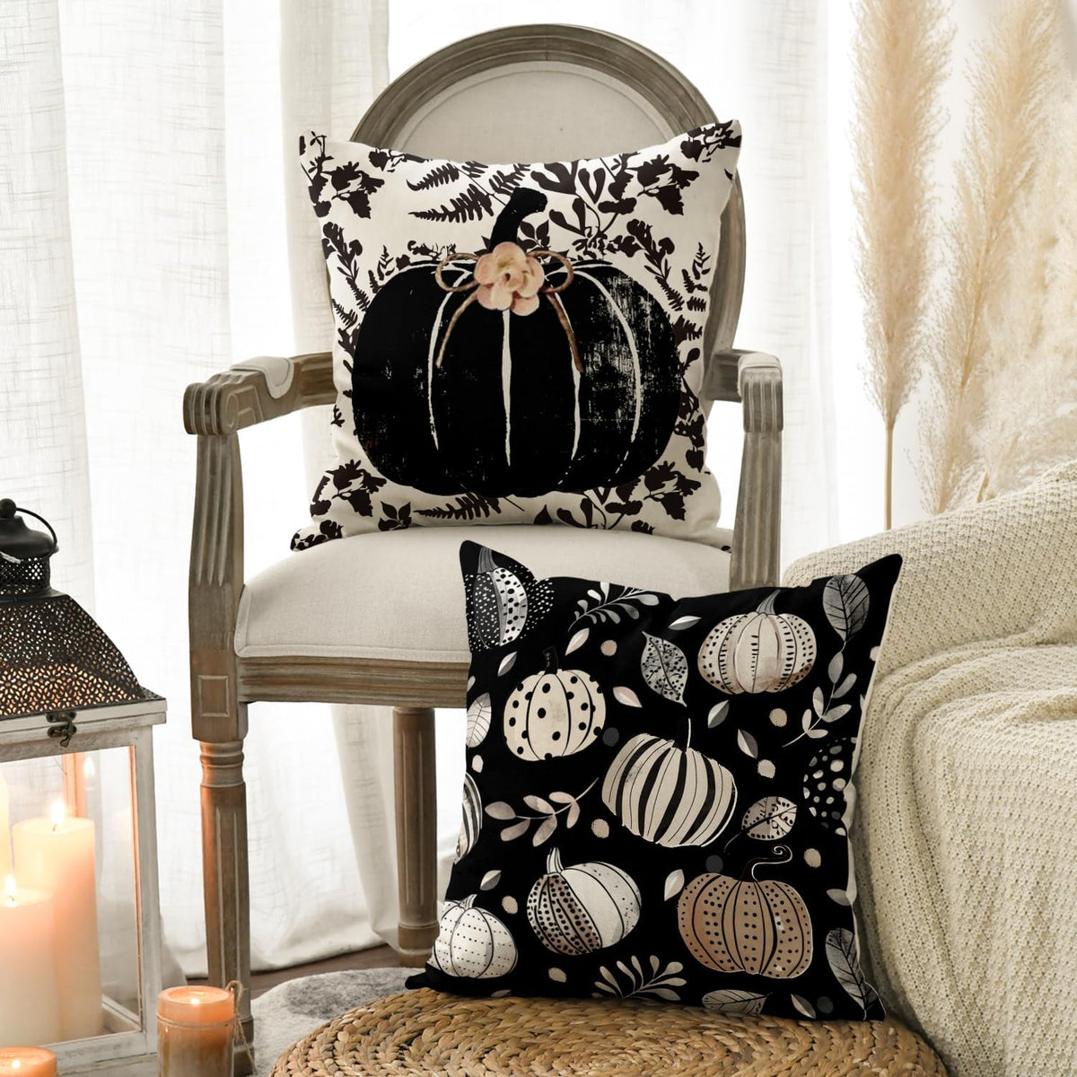 AVOIN colorlife Fall Hello Pumpkin Leaves Throw Pillow Covers, 20 x 20 Inch Autumn Thanksgiving Harvest Polka Dot Black Decorations for Sofa Couch Set of 4