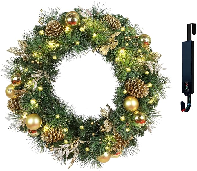 Solar Christmas Wreath 24 Inch Pre-Lit Solar 50 Led Artificial Wreath for Front Door Window Home Decor Decorated with Golden Pine Cones Christmas Balls Glitter Pine Branches (2402)