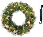 Solar Christmas Wreath 24 Inch Pre-Lit Solar 50 Led Artificial Wreath for Front Door Window Home Decor Decorated with Golden Pine Cones Christmas Balls Glitter Pine Branches (2402)