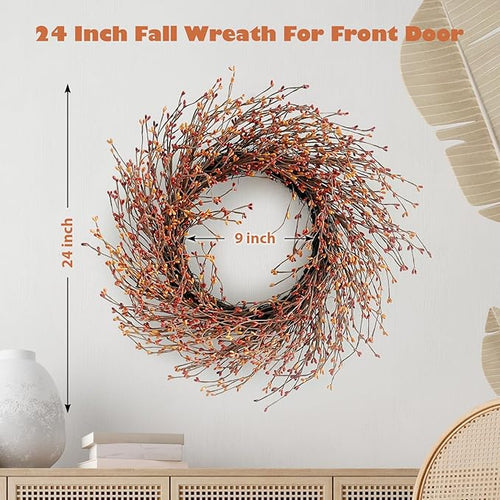 24 Inch Fall Wreath for Front Door with Large Grapevine, Orange Pip Berry Wreath for Fall Door Decor, Autumn Wreaths for Farmhouse Wall Window Home and Halloween Christmas Thanksgiving Decoration