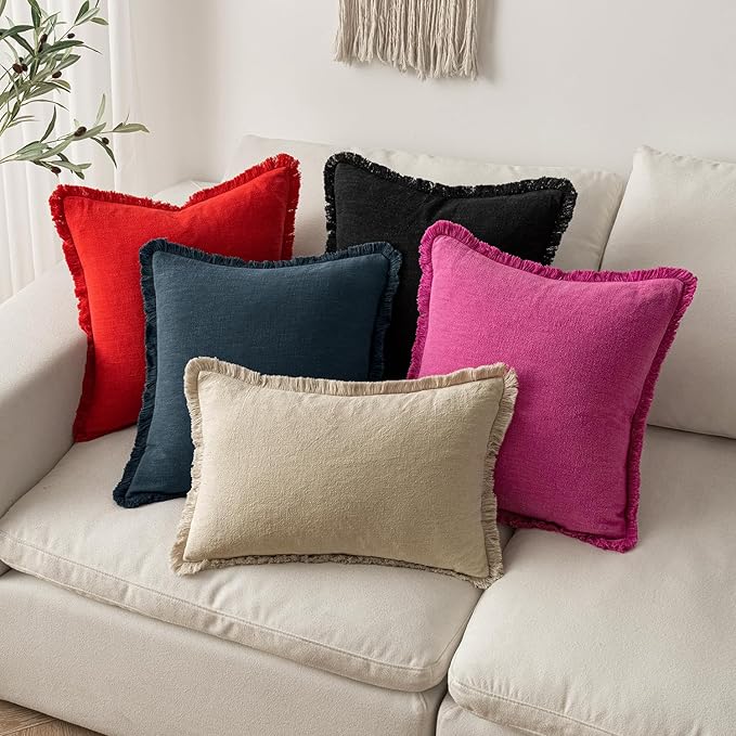 MIULEE Christmas Decorative Throw Pillow Covers Neutral Linen Fringe Throw Pillows Euro Shams Set of 2 Red Boho Farmhouse Cushion Covers with Tassels for Couch Sofa Bed Living Room Decor 24x24 Inch