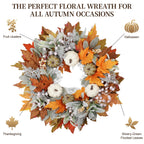 MAINGKAUNG Artificial Fall Wreath 22 Inch Fall Wreaths for Front Door with White Pumpkins Oeange Maple Leaves Lamb's Ear and Berries Autumn Wreath Thanksgiving Harvest Wreath for Festival Wall Porch