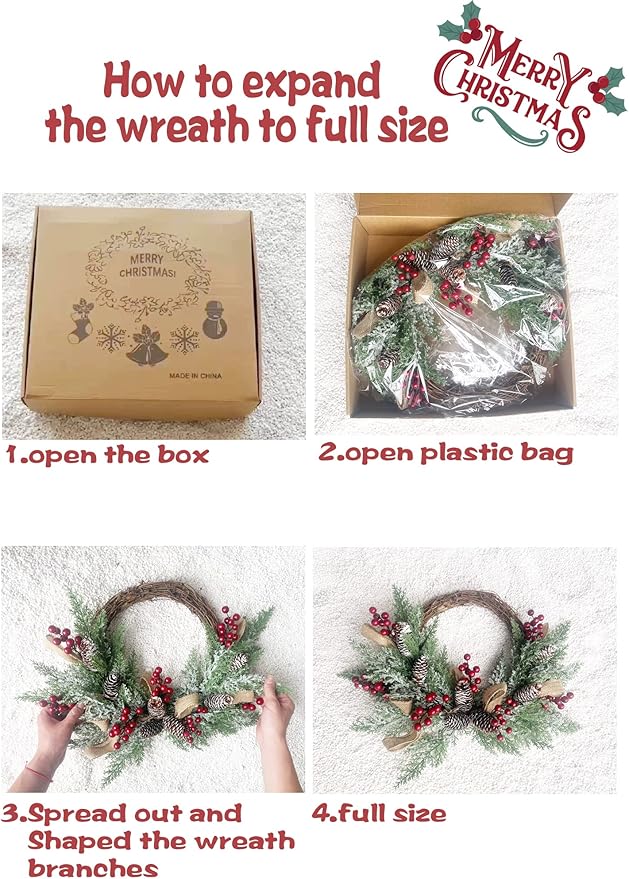 Artificial Christmas Door Wreath, Christmas Wreaths for Front Door, Window Wreaths with Pine Cone, Red Berries, Burlap Ribbon & Snowflake, Holiday Indoor/Outdoor Wreath Decorations, 23 inch