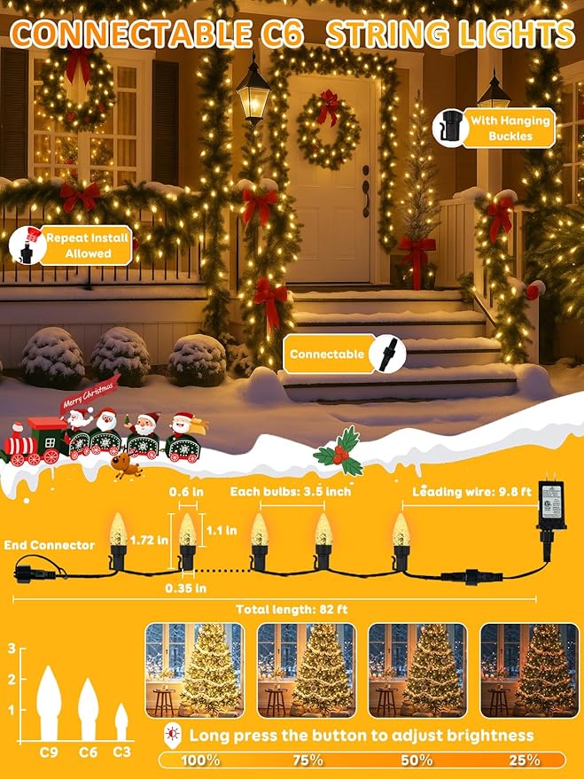 Upgraded 250 LED C6 Connectable Warm White Christmas String Lights, 82FT Waterproof Christmas Twinkle Light Outdoor, Plug in Fairy Lights Indoor with 13 Modes & Timer for Christmas Tree Decorations