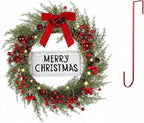 Lighted Christmas Wreath for Front Door with Metal Hanger 16'' Artificial Norfolk Wreath with Velvet Bow LED Lights Jingle Bells Pinecone Berries Christmas Holiday Winter Decor(Red)