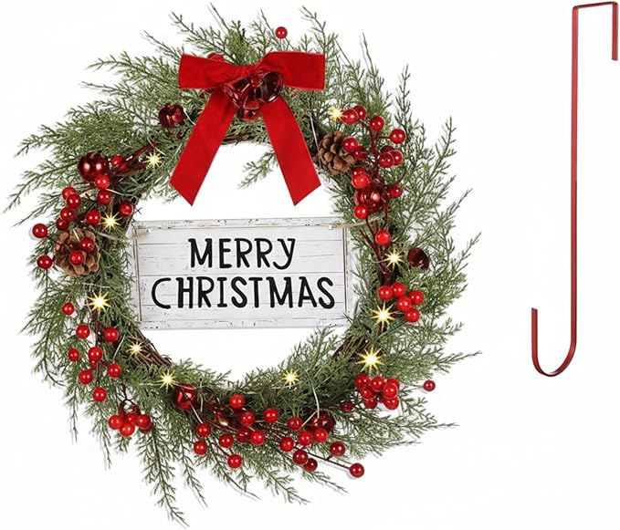 Lighted Christmas Wreath for Front Door with Metal Hanger 16'' Artificial Norfolk Wreath with Velvet Bow LED Lights Jingle Bells Pinecone Berries Christmas Holiday Winter Decor(Red)